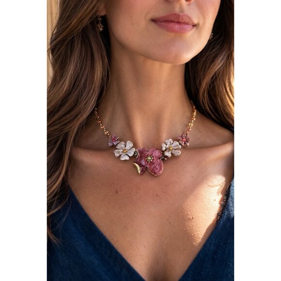 Vintage VCLM Floral Statement Necklace Rhinestone Flower Beaded 16" to 18" - Picture 2 of 9